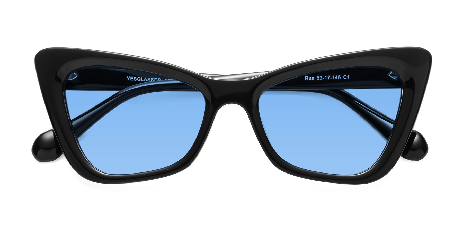 Folded Front of Rua in Black with Medium Blue Tinted Lenses