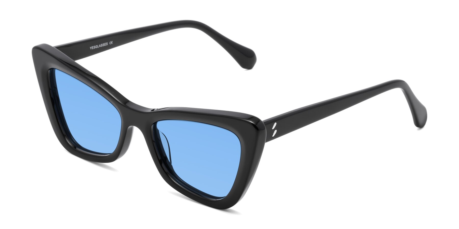 Angle of Rua in Black with Medium Blue Tinted Lenses