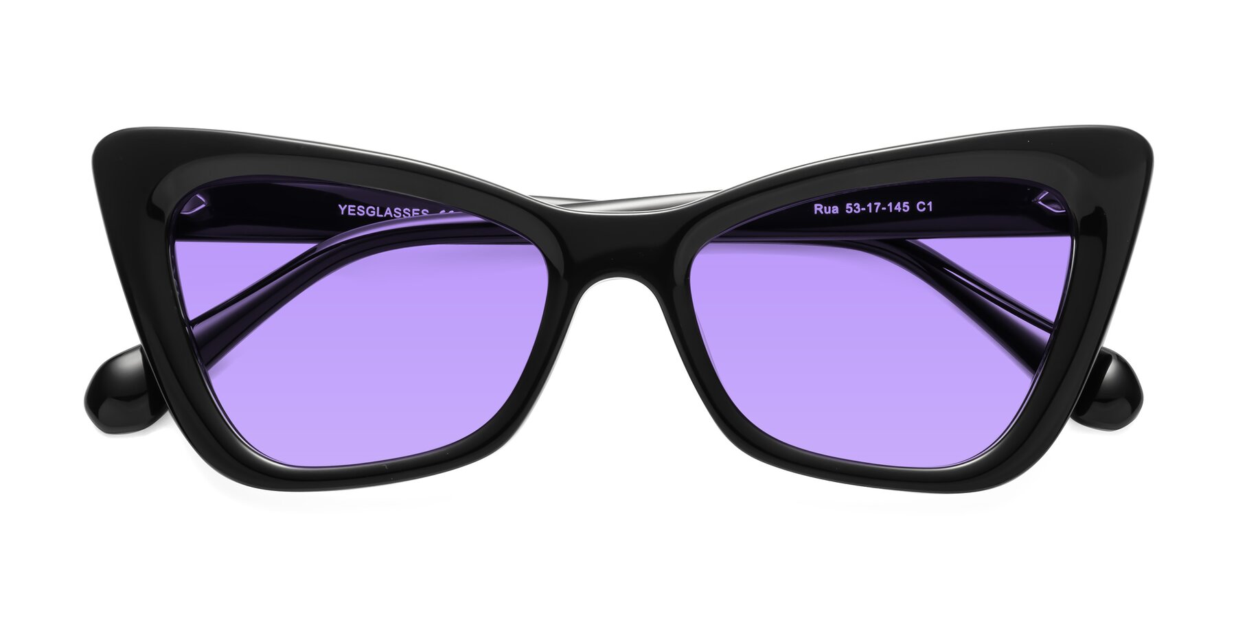 Folded Front of Rua in Black with Medium Purple Tinted Lenses