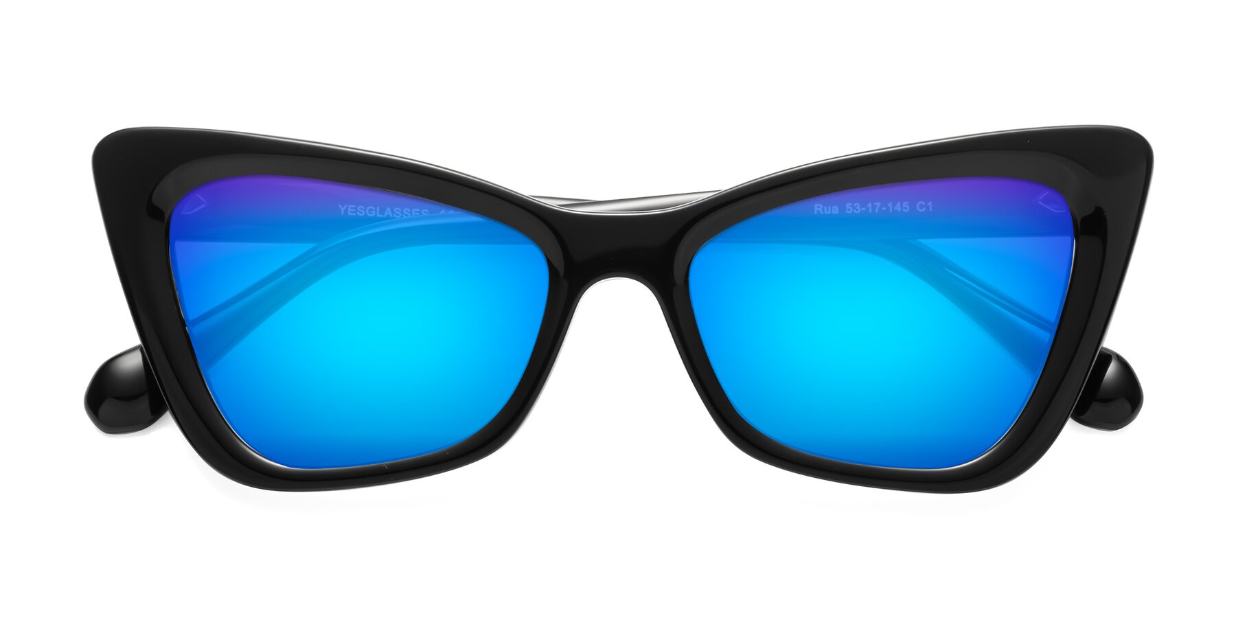 Folded Front of Rua in Black with Blue Mirrored Lenses