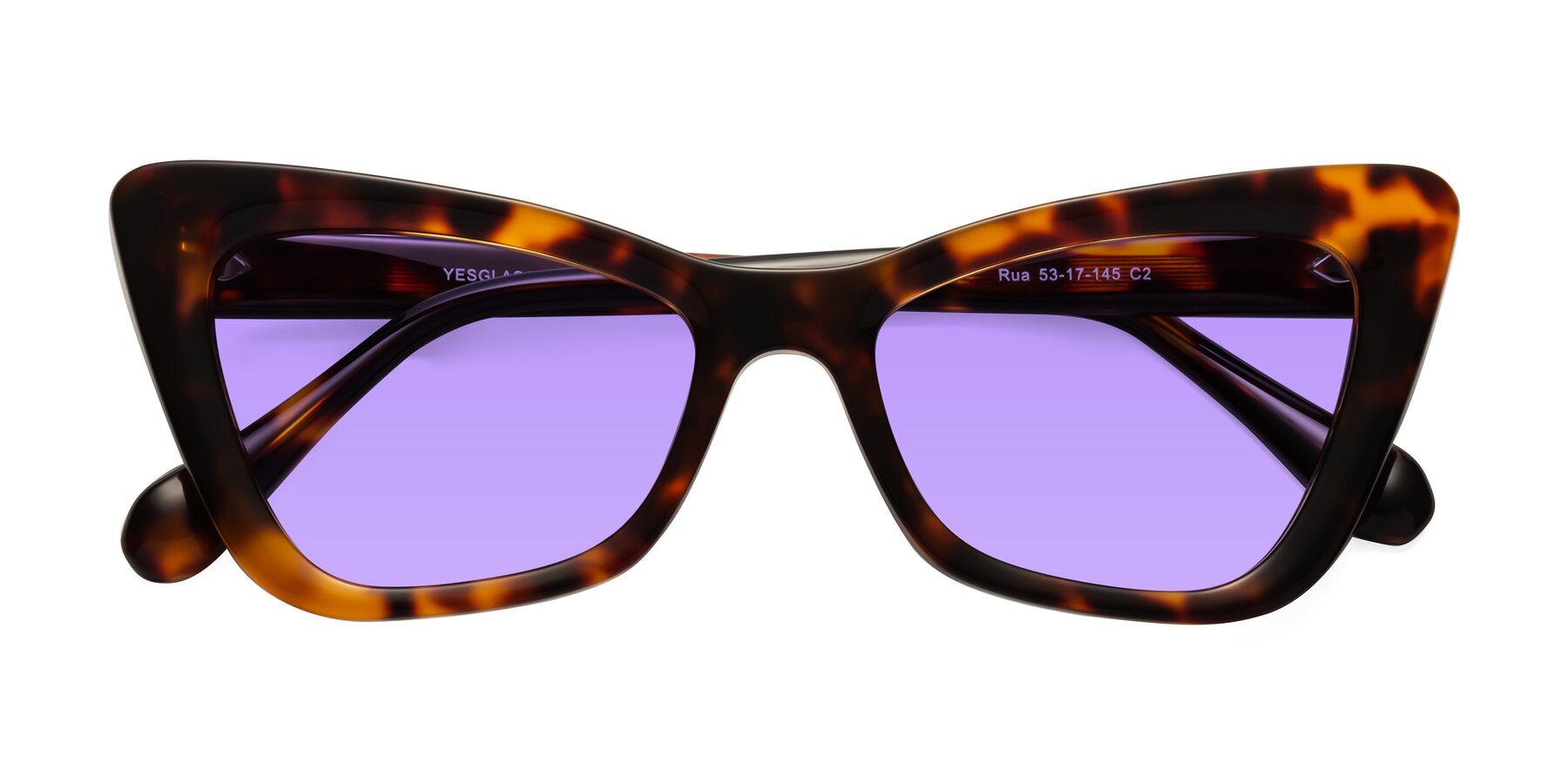 Folded Front of Rua in Tortoise with Medium Purple Tinted Lenses