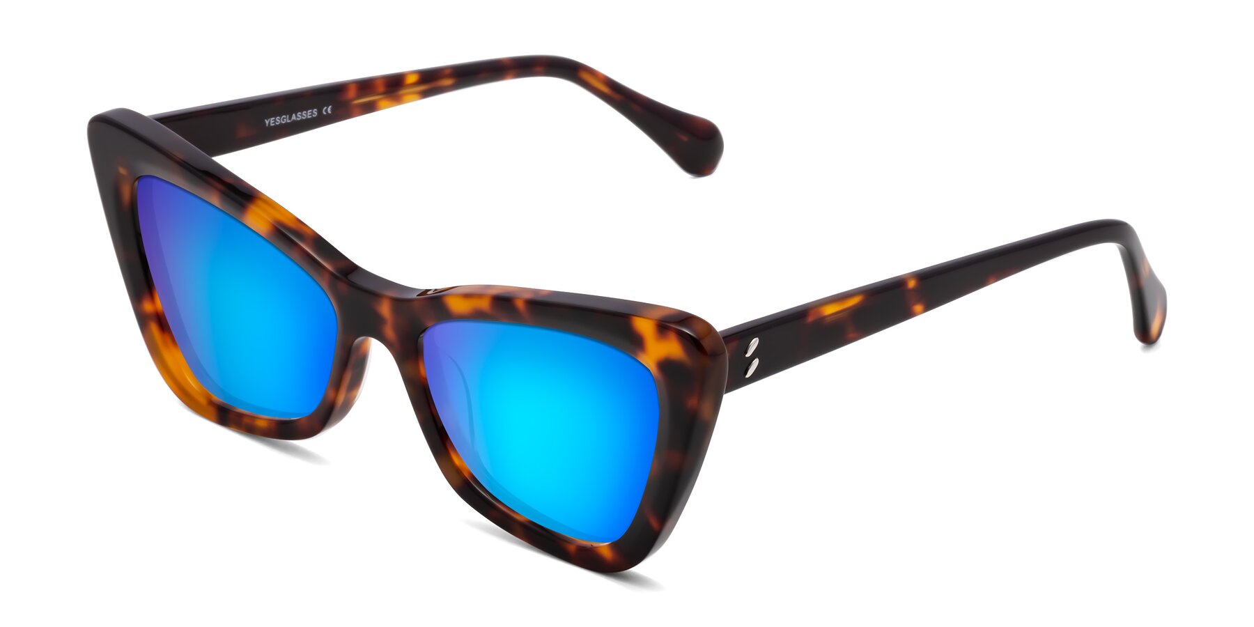 Angle of Rua in Tortoise with Blue Mirrored Lenses