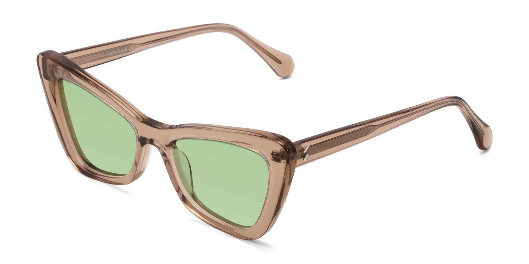 Angle of Rua in Caramel with Medium Green Tinted Lenses