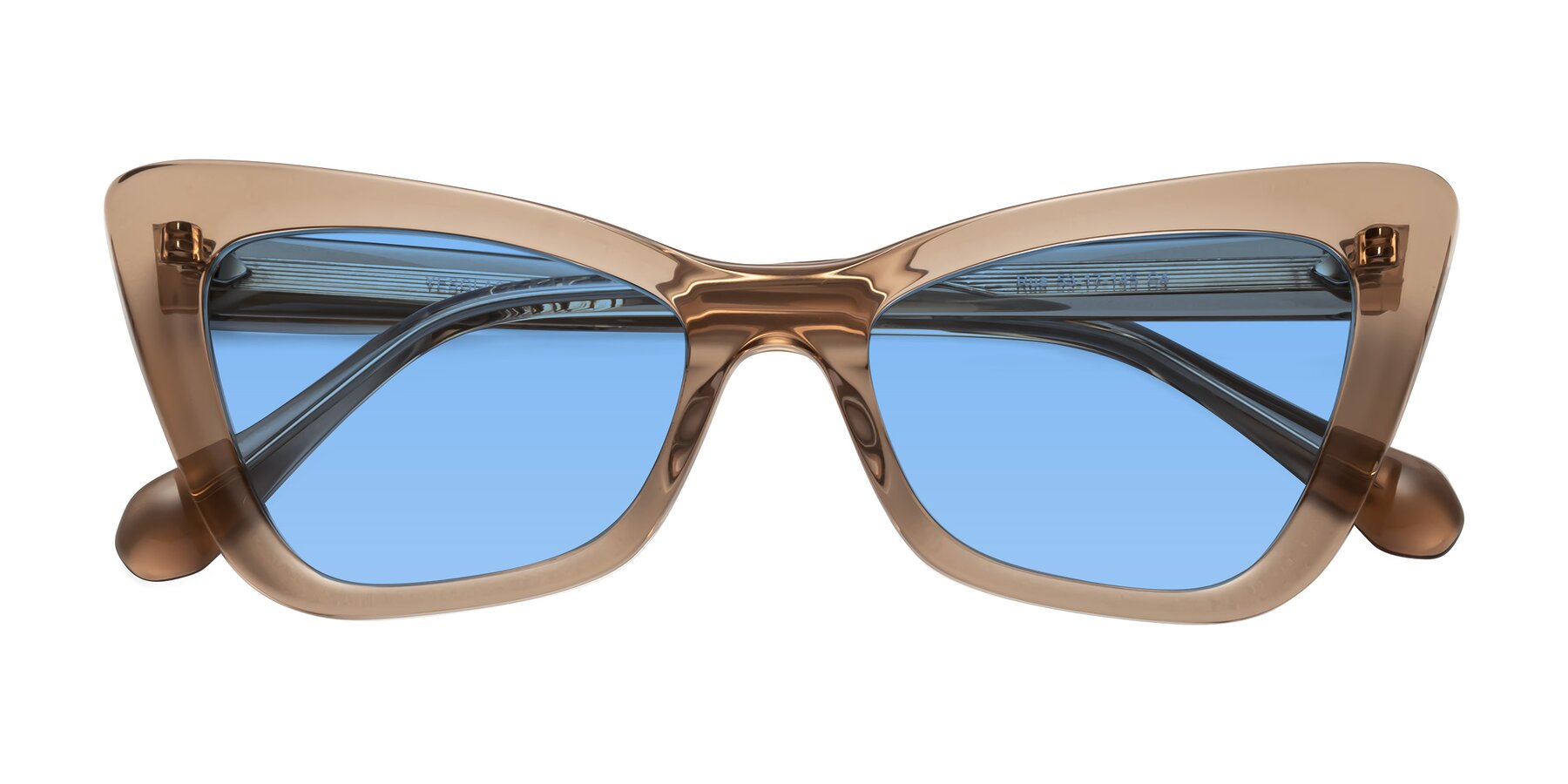 Folded Front of Rua in Caramel with Medium Blue Tinted Lenses