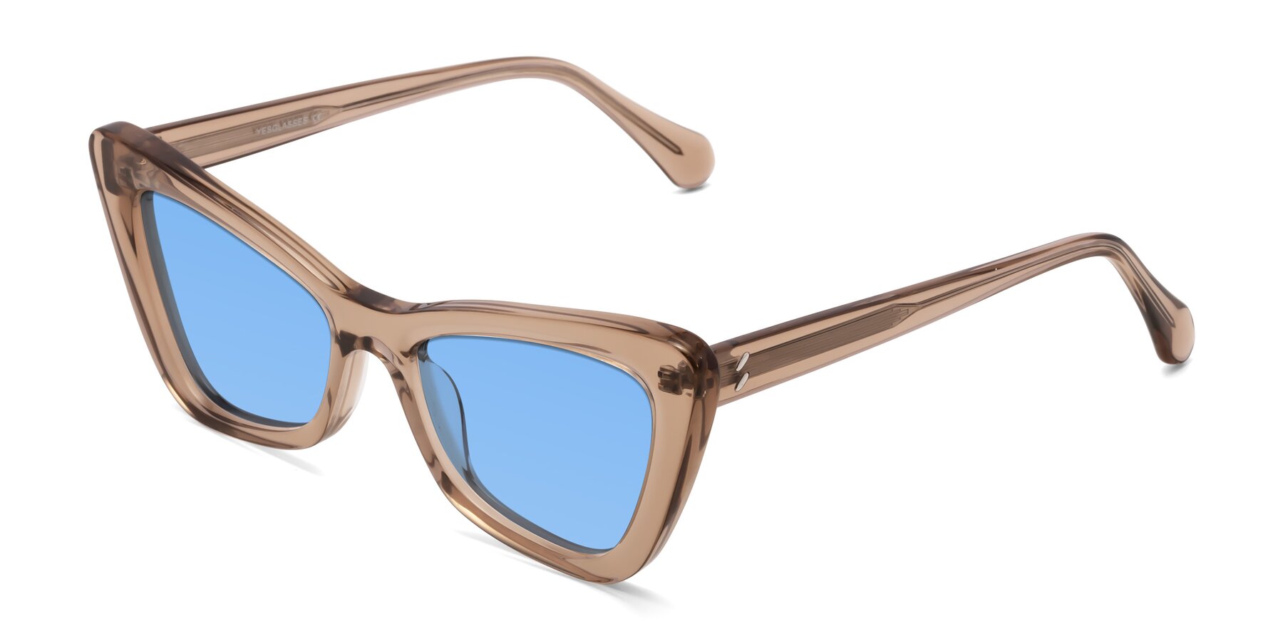 Angle of Rua in Caramel with Medium Blue Tinted Lenses