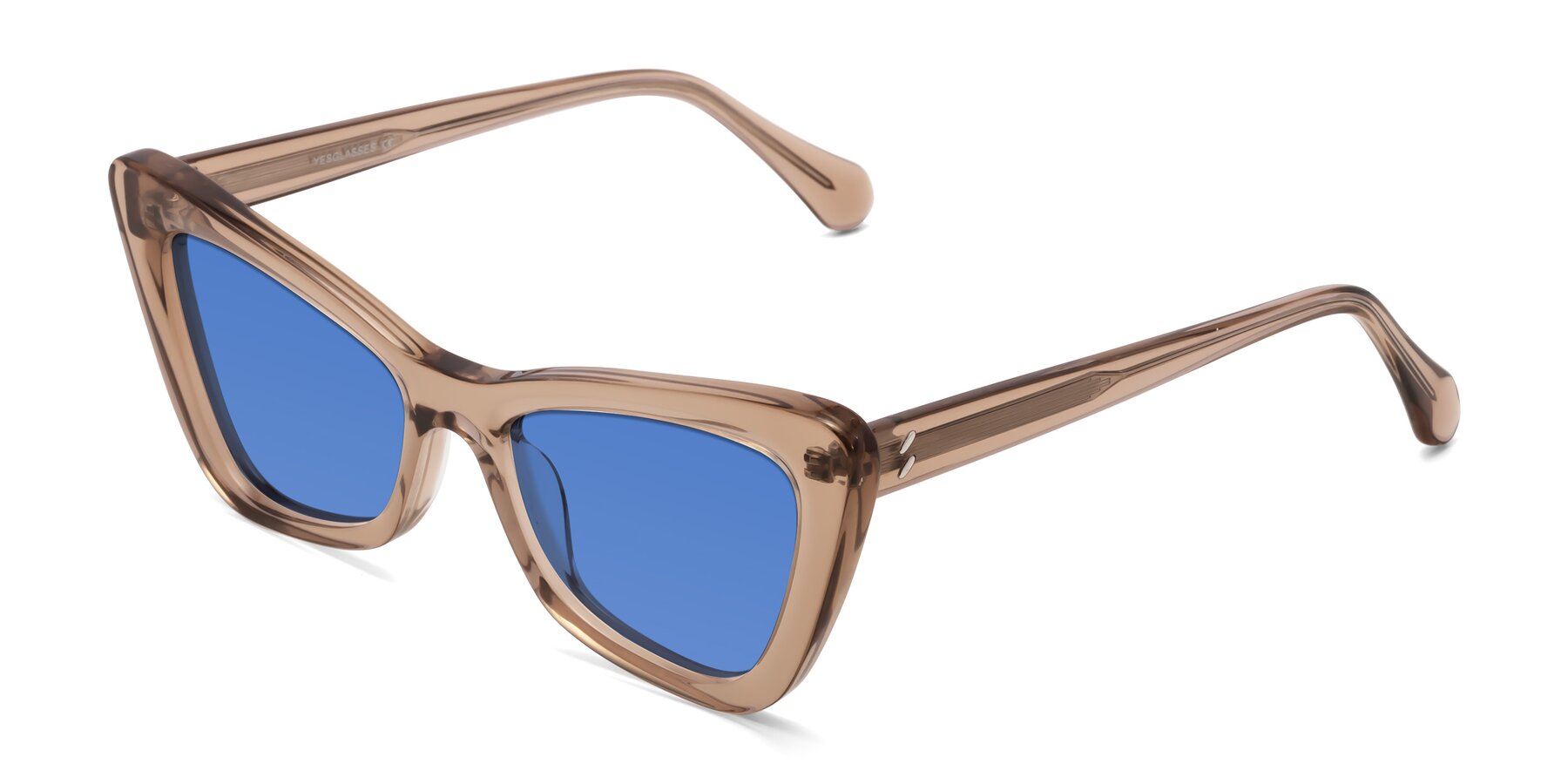 Angle of Rua in Caramel with Blue Tinted Lenses
