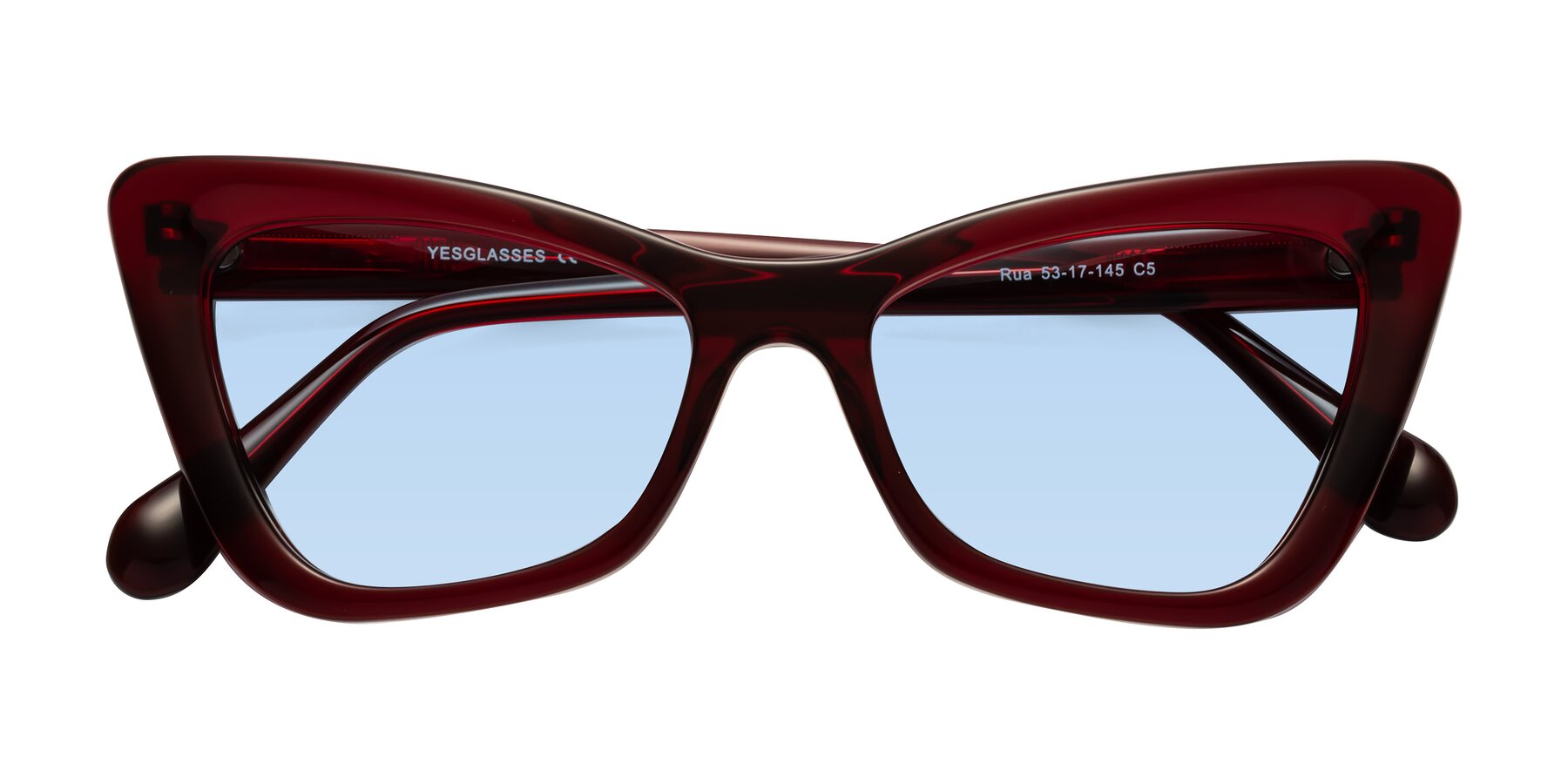 Folded Front of Rua in Wine with Light Blue Tinted Lenses