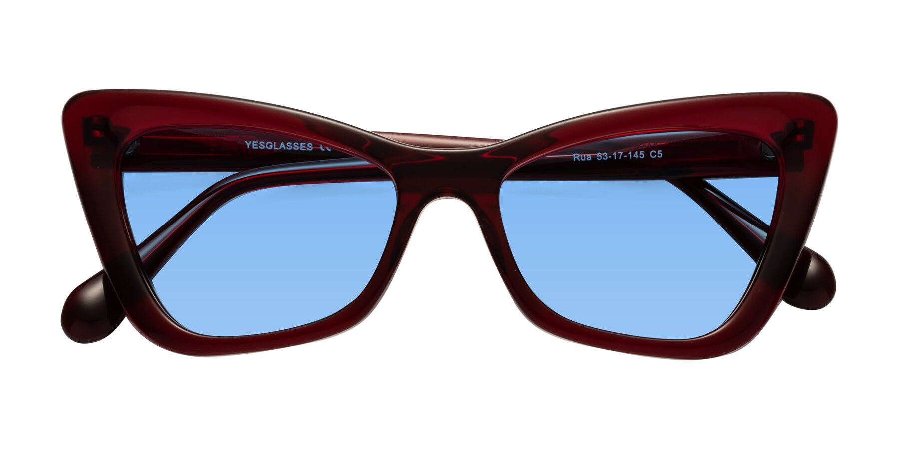 Folded Front of Rua in Wine with Medium Blue Tinted Lenses