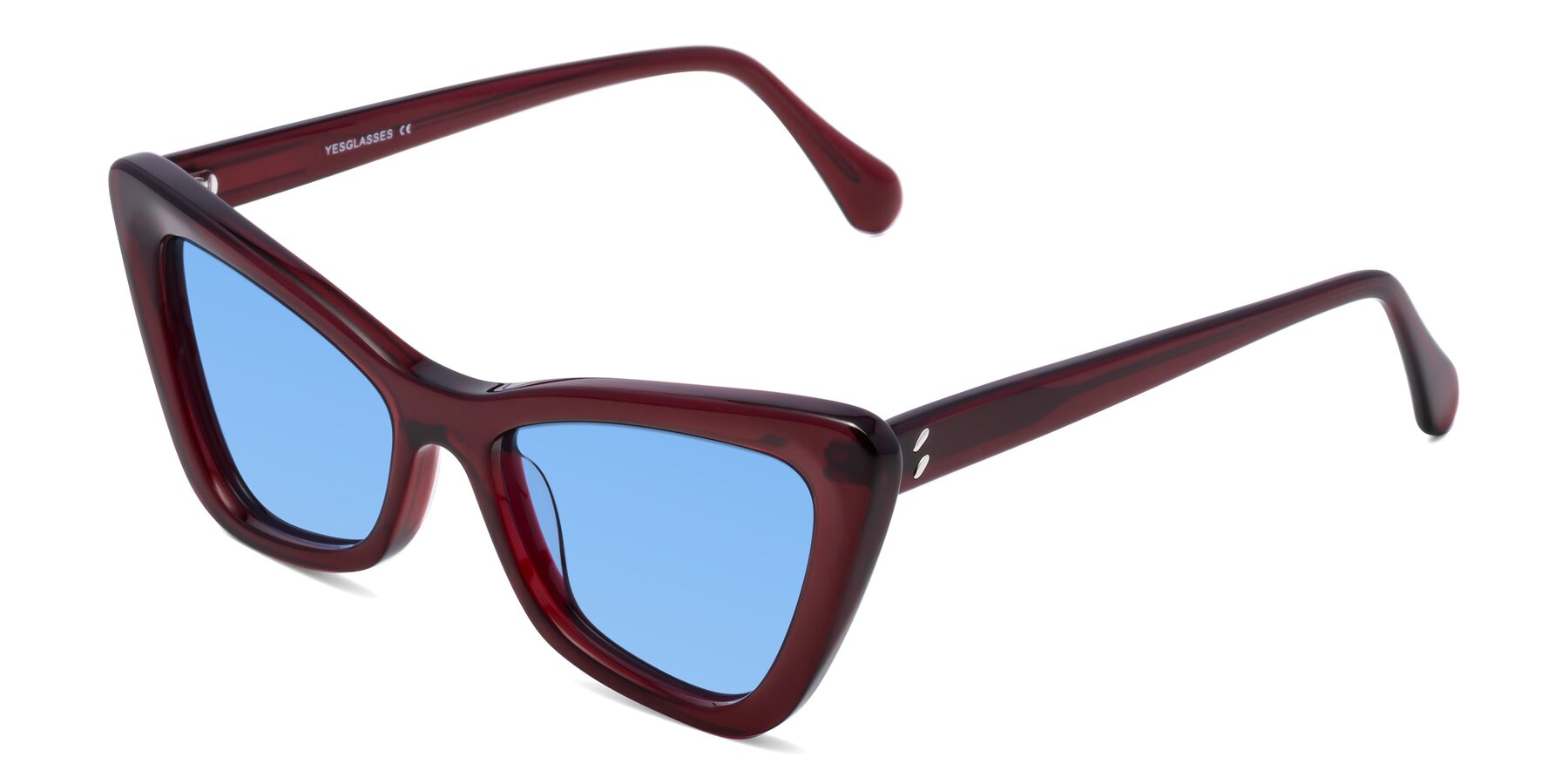 Angle of Rua in Wine with Medium Blue Tinted Lenses