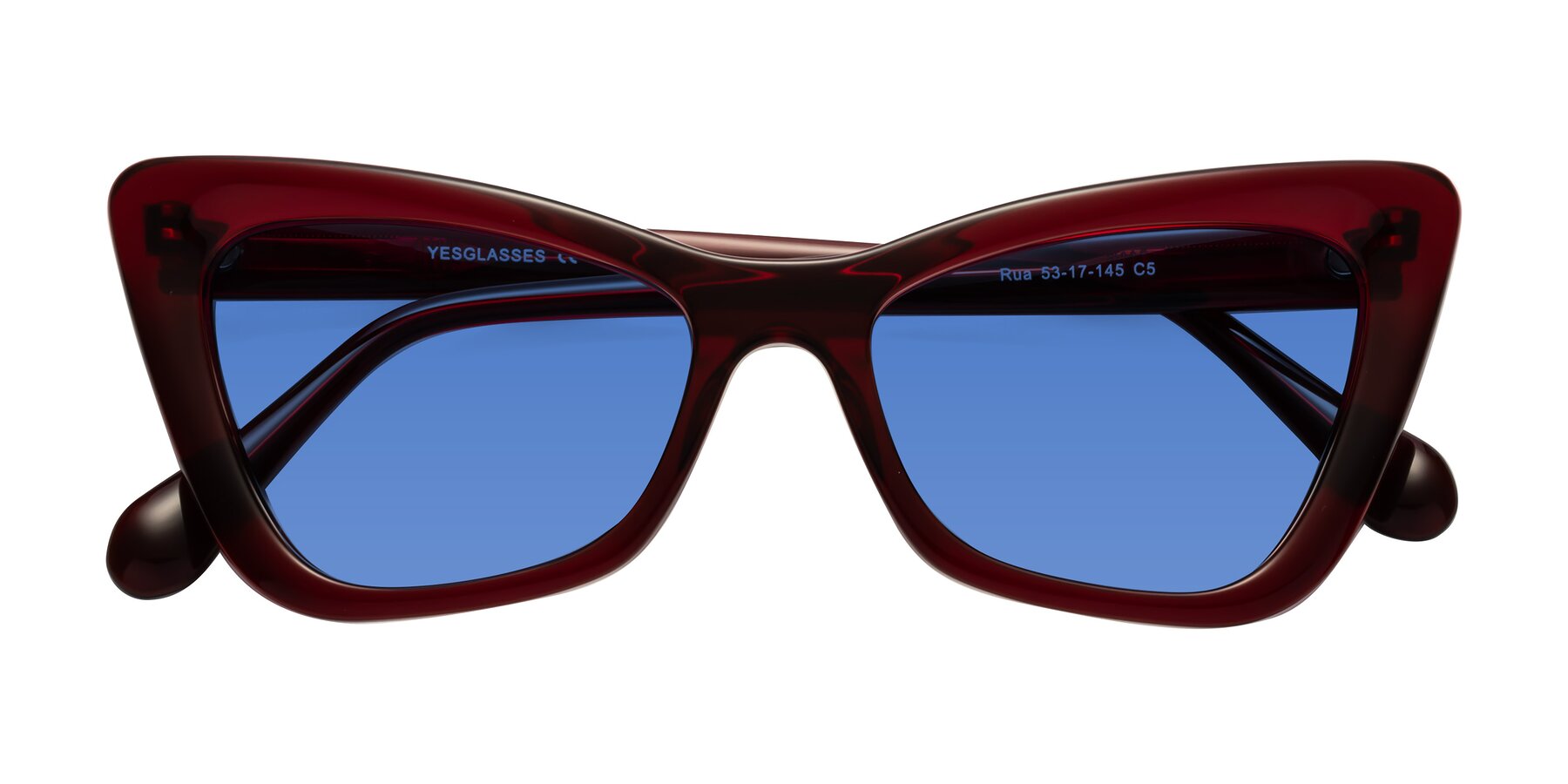 Folded Front of Rua in Wine with Blue Tinted Lenses