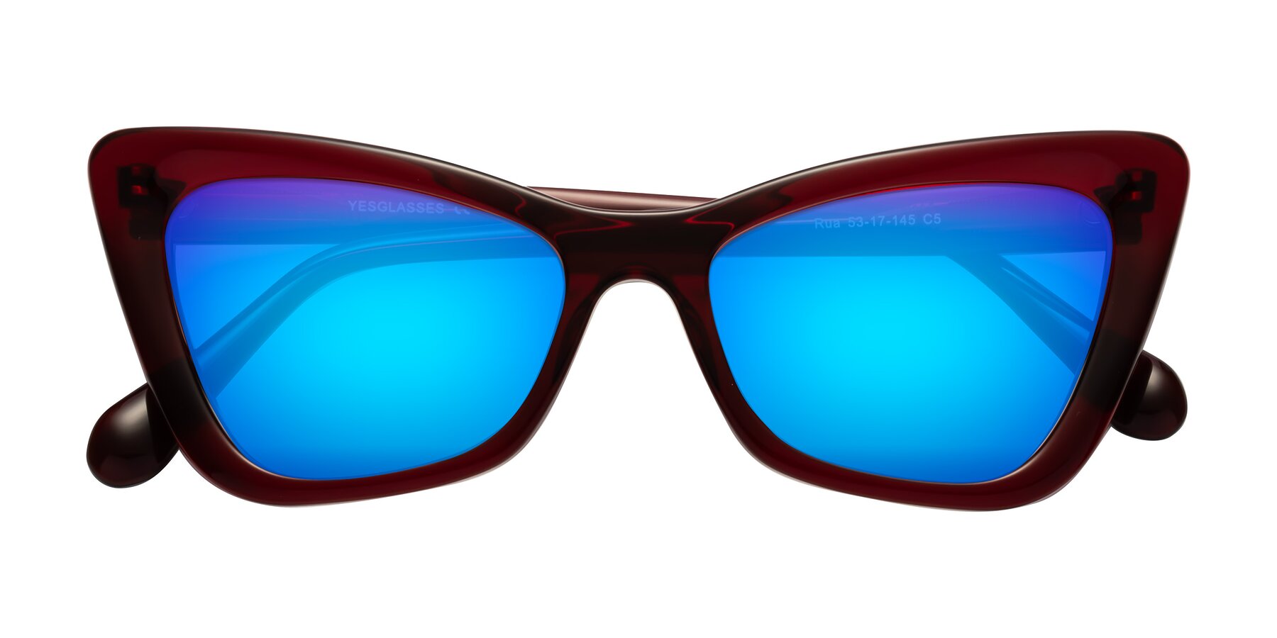 Folded Front of Rua in Wine with Blue Mirrored Lenses