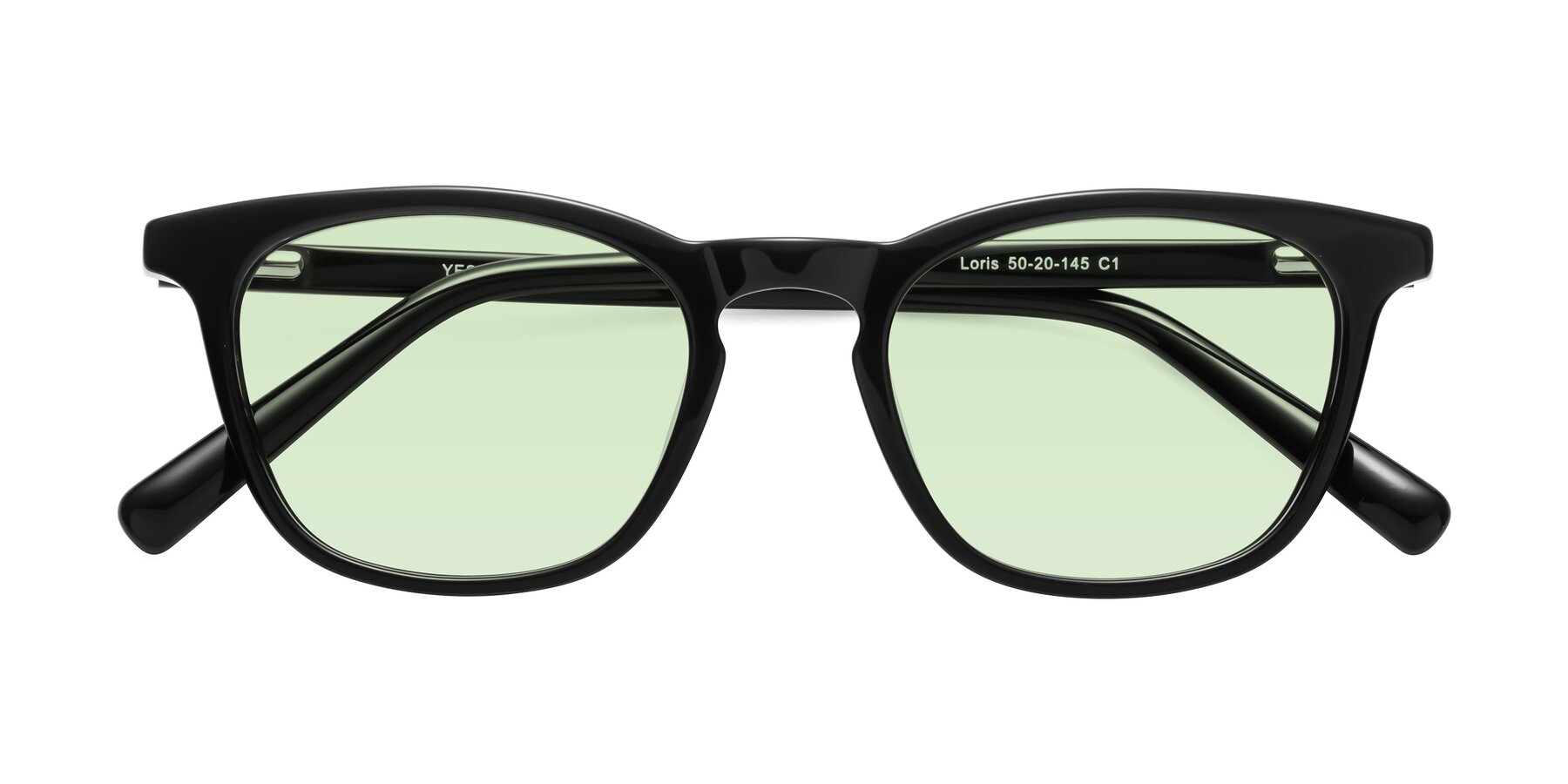 Folded Front of Loris in Black with Light Green Tinted Lenses