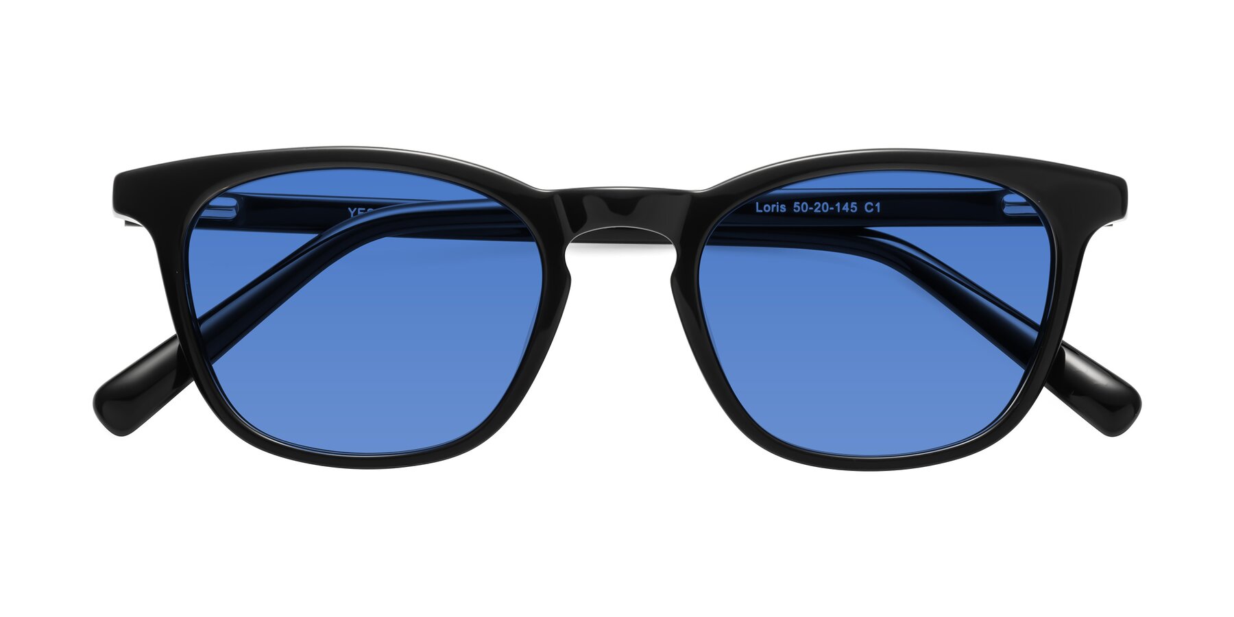 Folded Front of Loris in Black with Blue Tinted Lenses