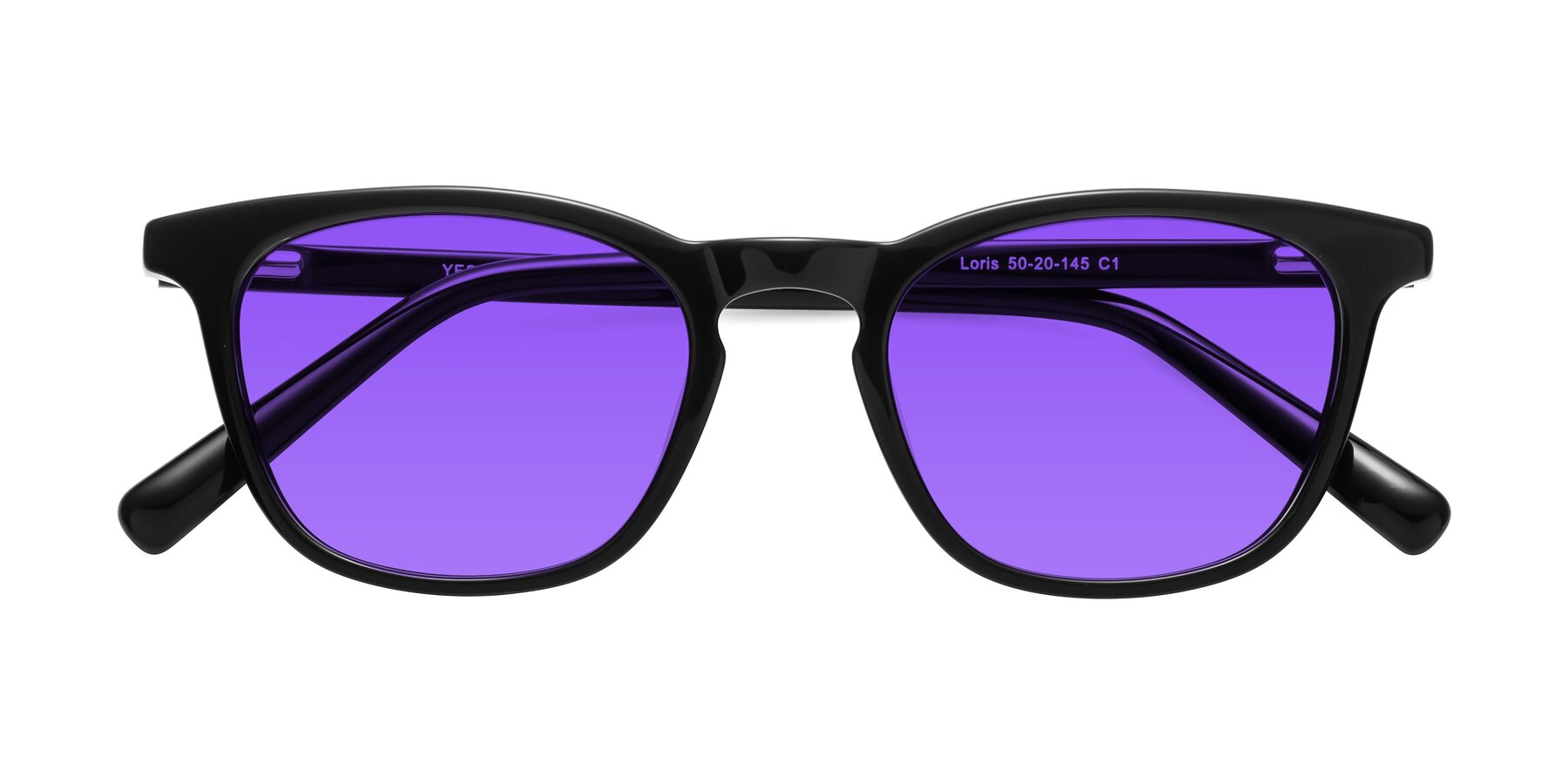 Folded Front of Loris in Black with Purple Tinted Lenses