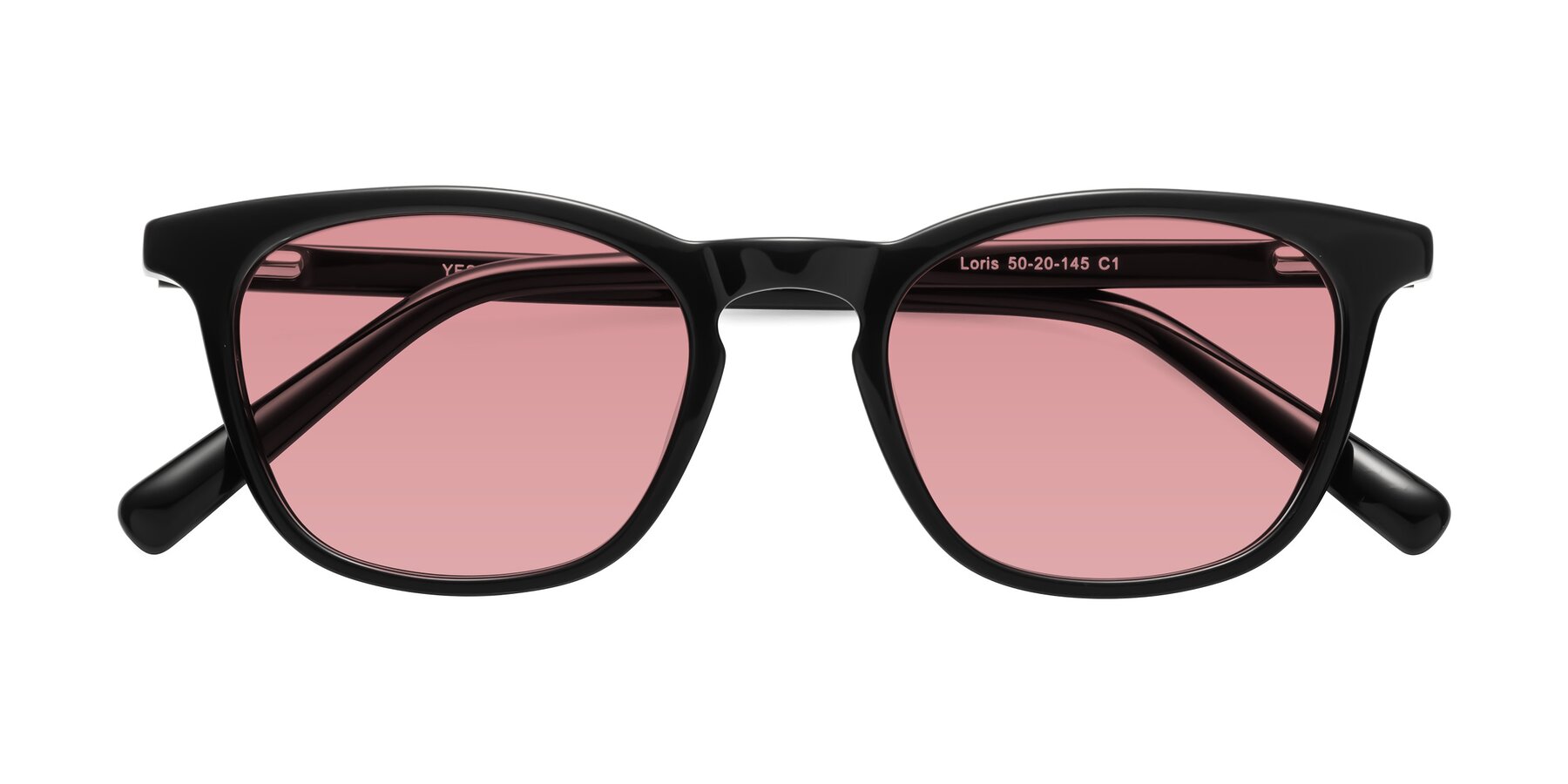 Folded Front of Loris in Black with Medium Garnet Tinted Lenses