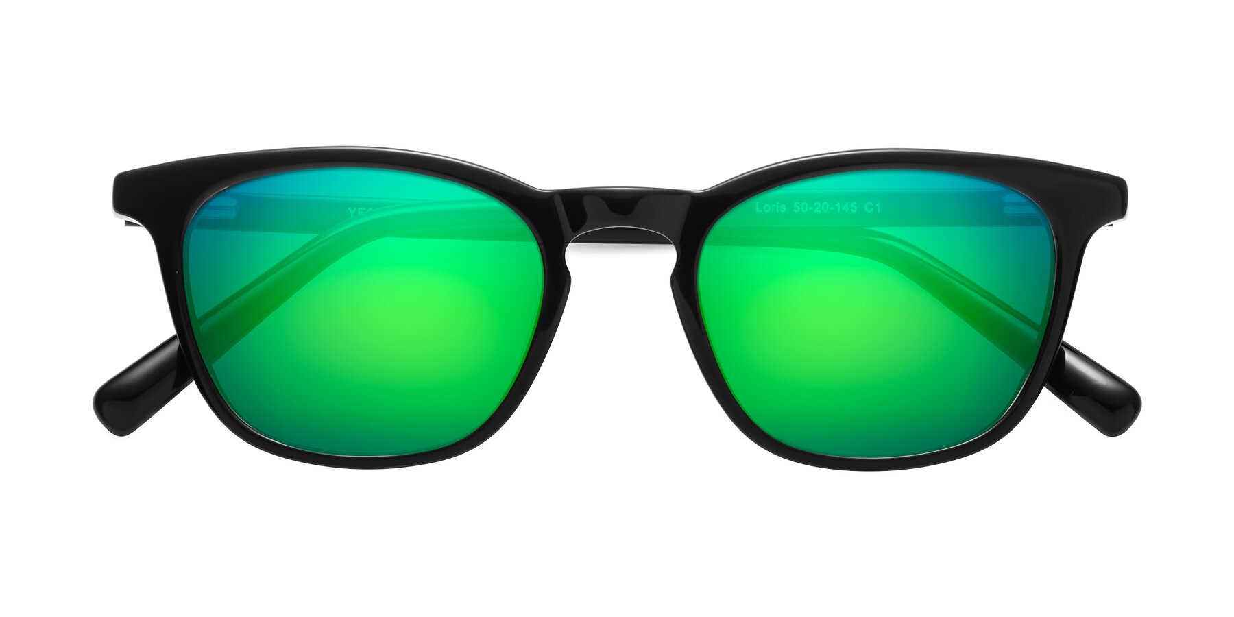 Folded Front of Loris in Black with Green Mirrored Lenses