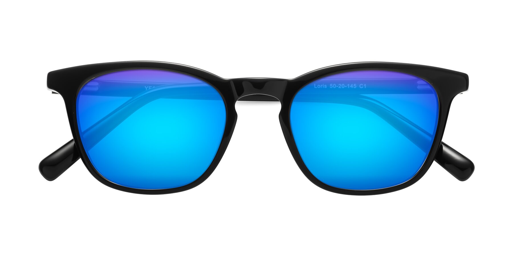 Folded Front of Loris in Black with Blue Mirrored Lenses