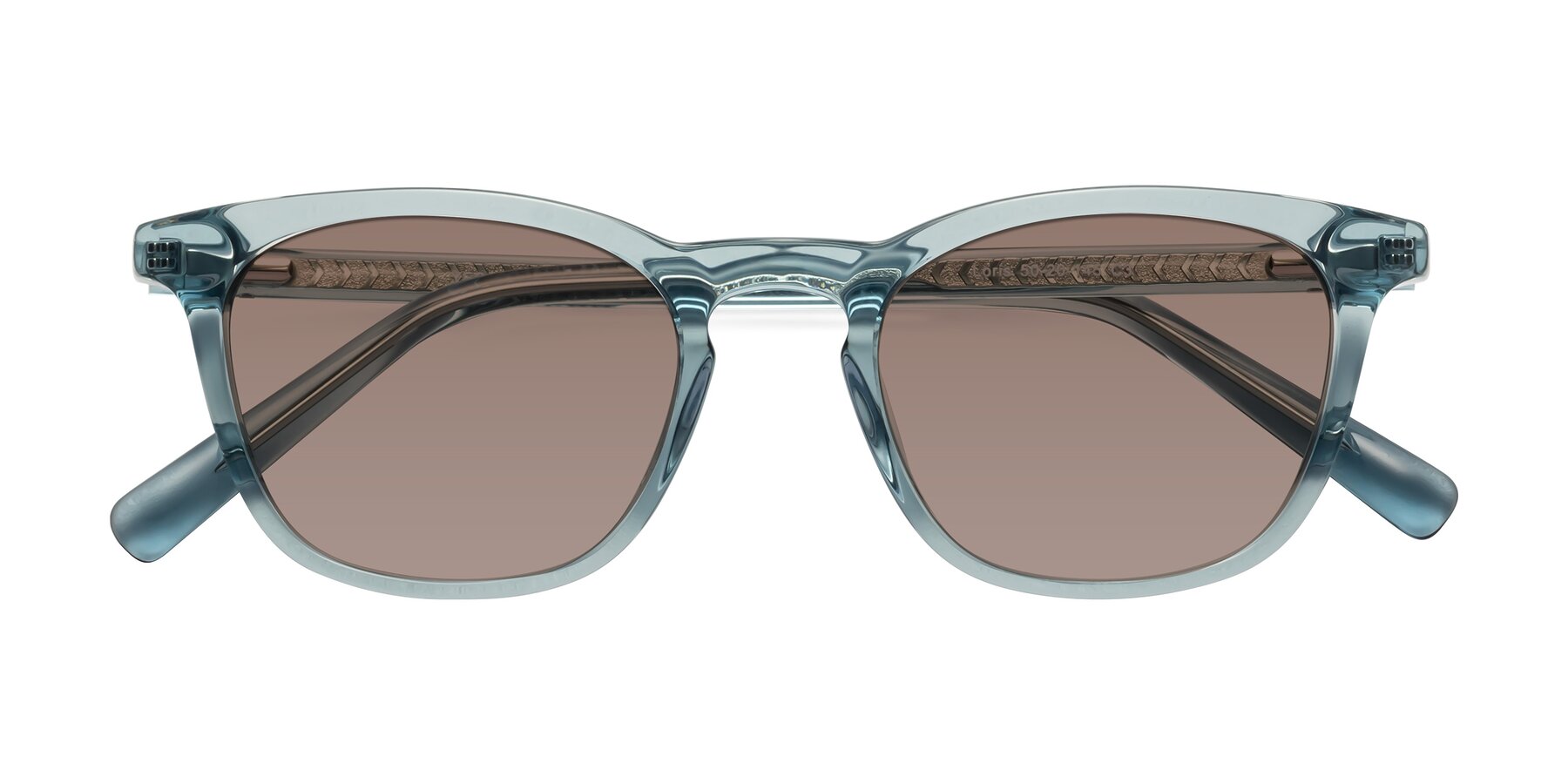 Folded Front of Loris in Light Blue with Medium Brown Tinted Lenses