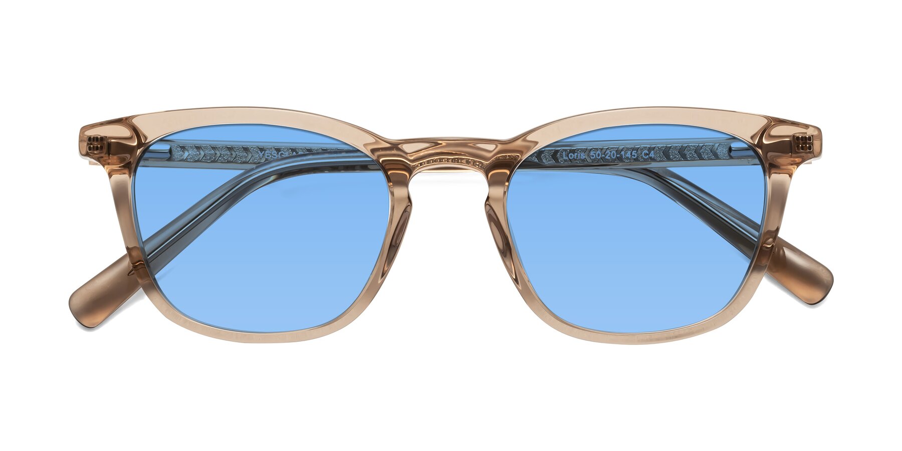 Folded Front of Loris in Light Brown with Medium Blue Tinted Lenses