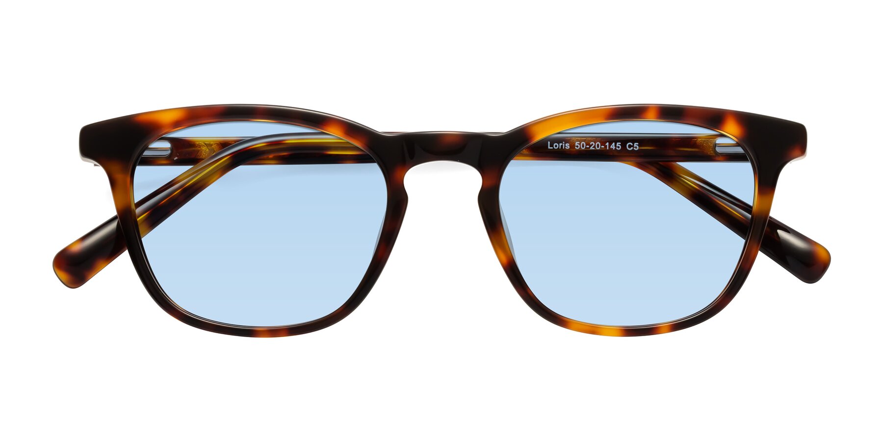 Folded Front of Loris in Tortoise with Light Blue Tinted Lenses