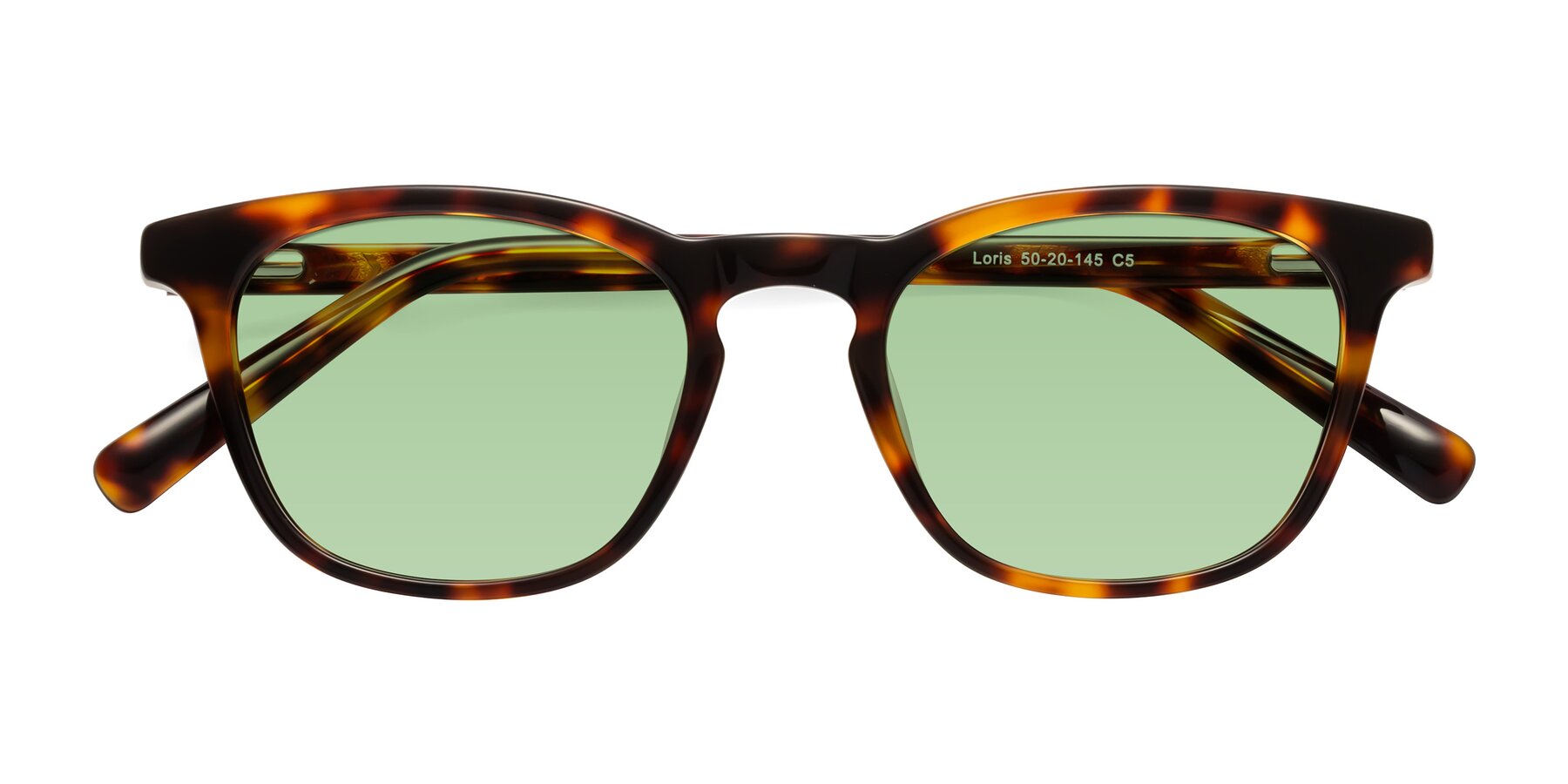 Folded Front of Loris in Tortoise with Medium Green Tinted Lenses