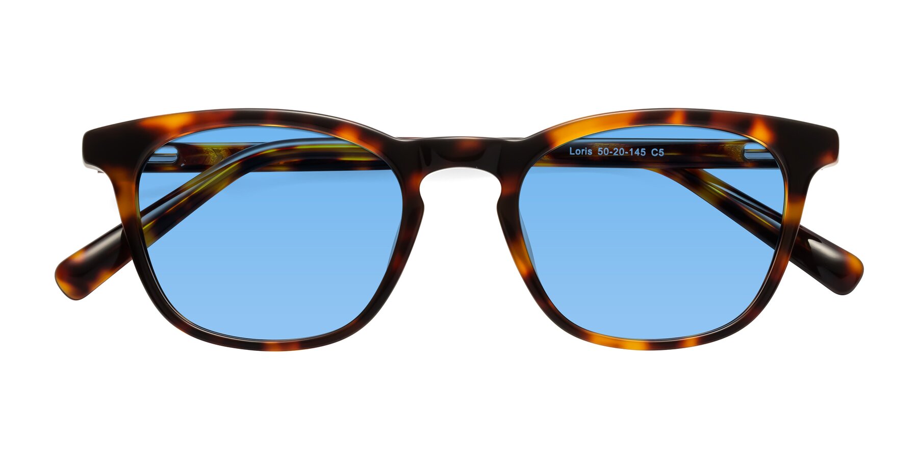 Folded Front of Loris in Tortoise with Medium Blue Tinted Lenses