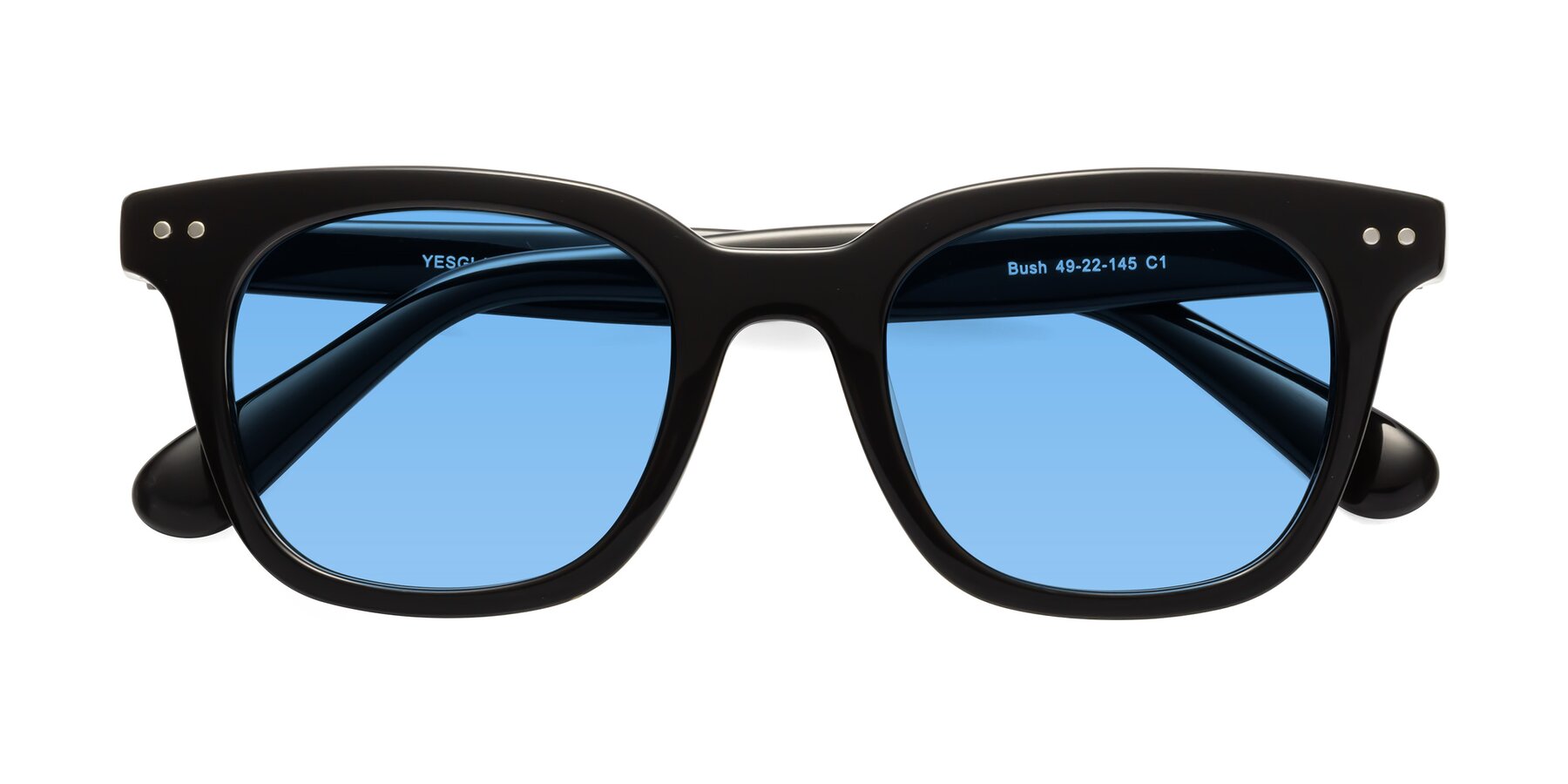 Folded Front of Bush in Black with Medium Blue Tinted Lenses