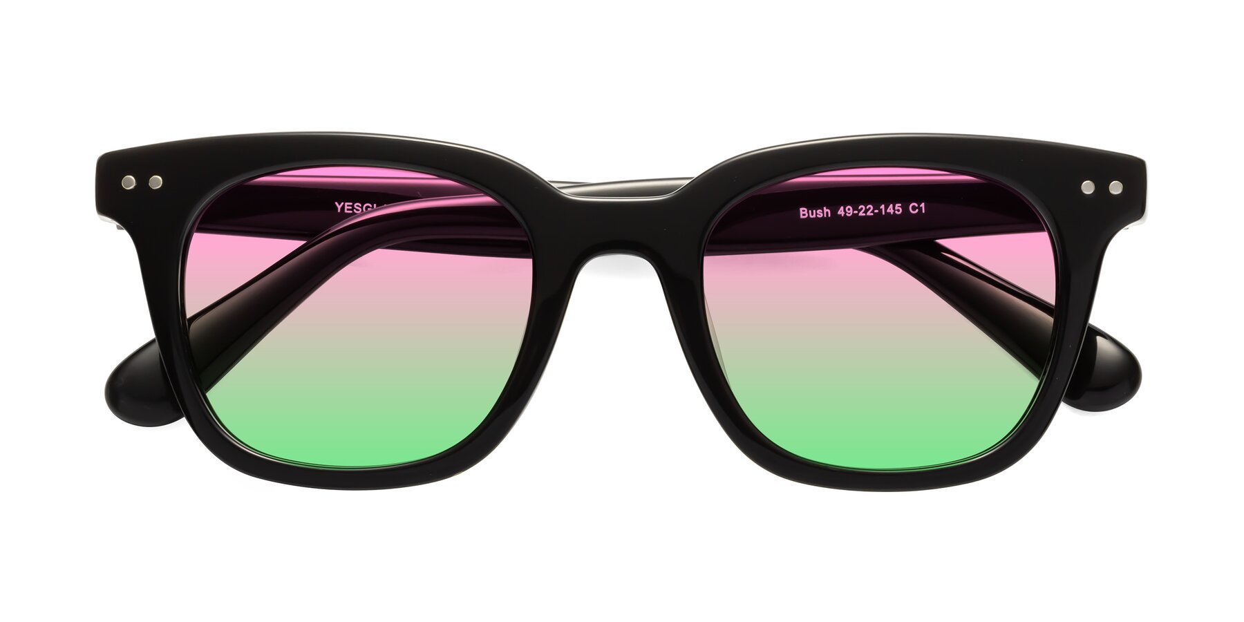 Folded Front of Bush in Black with Pink / Green Gradient Lenses