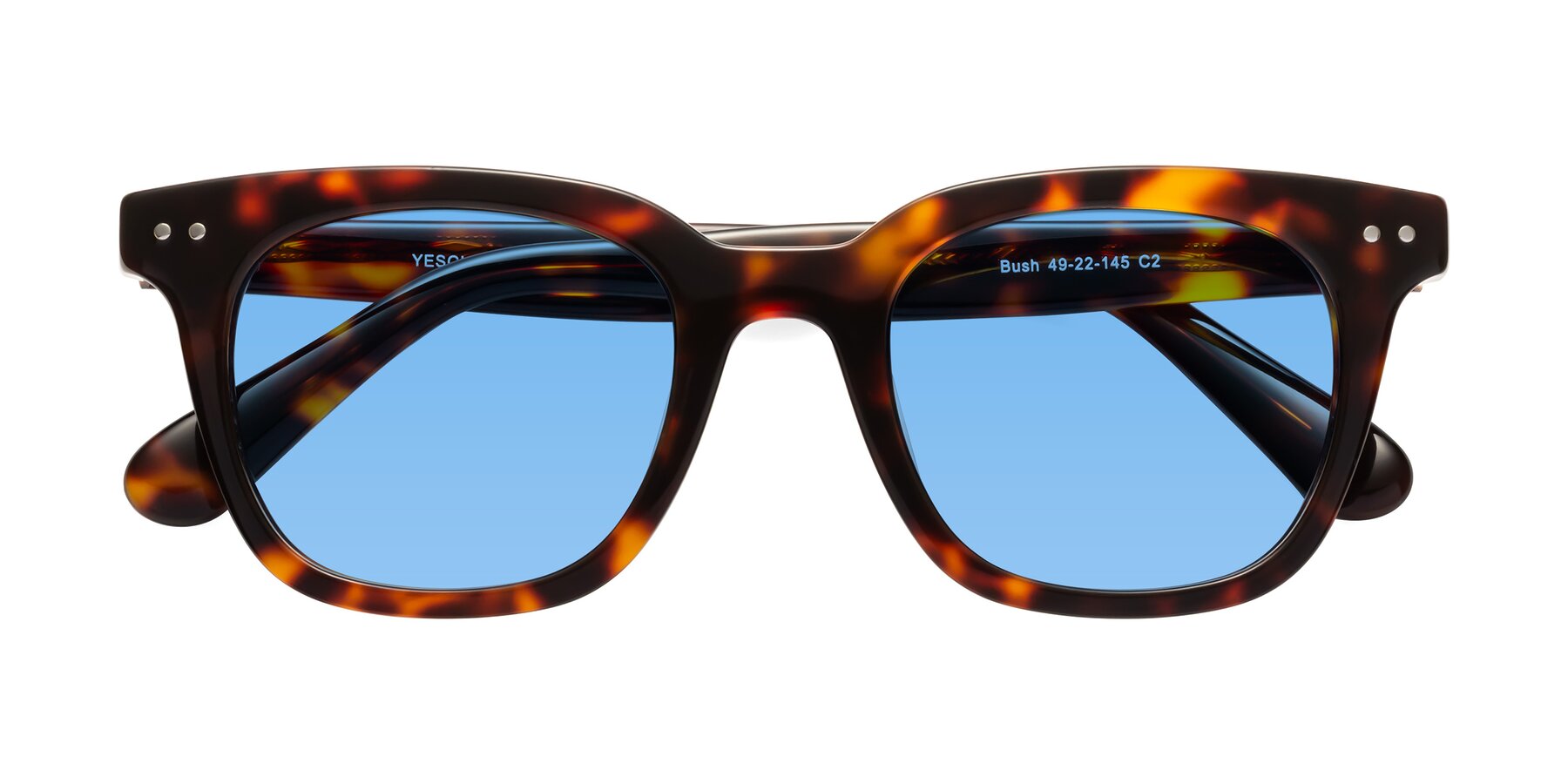 Folded Front of Bush in Tortoise with Medium Blue Tinted Lenses