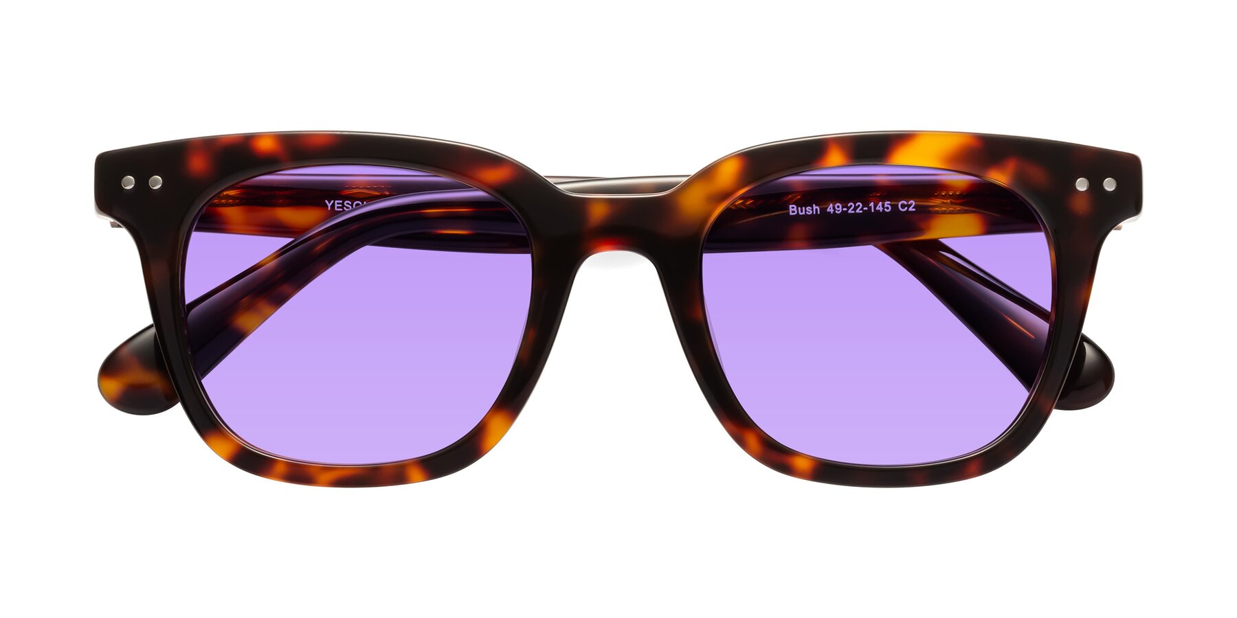 Folded Front of Bush in Tortoise with Medium Purple Tinted Lenses