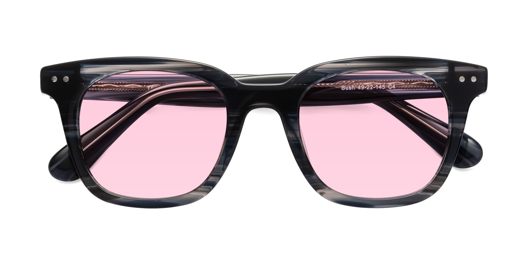 Folded Front of Bush in Stripe Gray with Light Pink Tinted Lenses