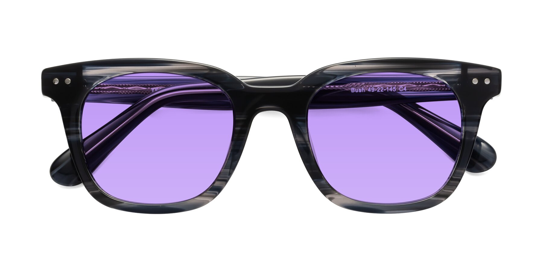 Folded Front of Bush in Stripe Gray with Medium Purple Tinted Lenses