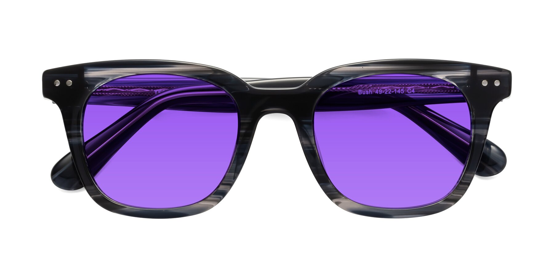 Folded Front of Bush in Stripe Gray with Purple Tinted Lenses