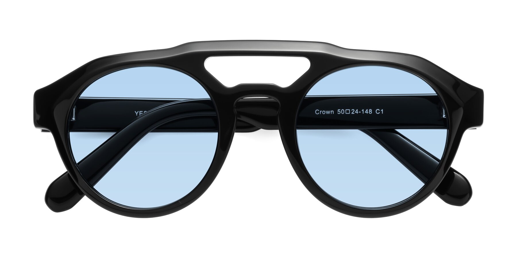 Folded Front of Crown in Black with Light Blue Tinted Lenses