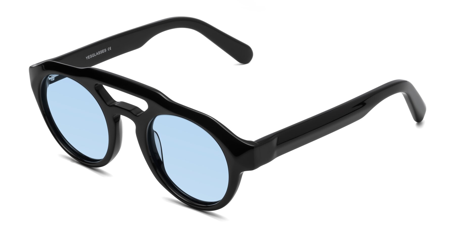 Angle of Crown in Black with Light Blue Tinted Lenses