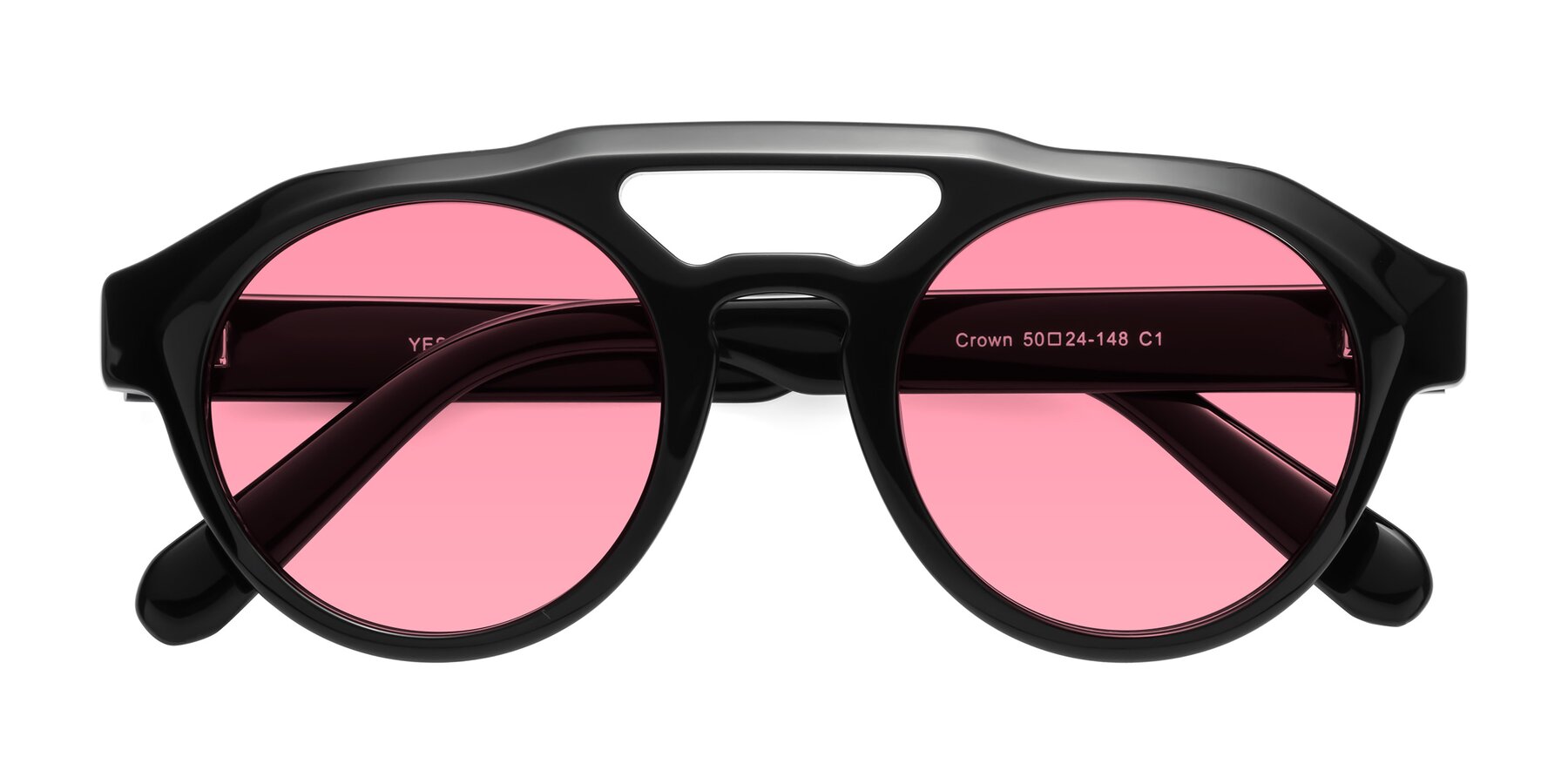 Folded Front of Crown in Black with Pink Tinted Lenses