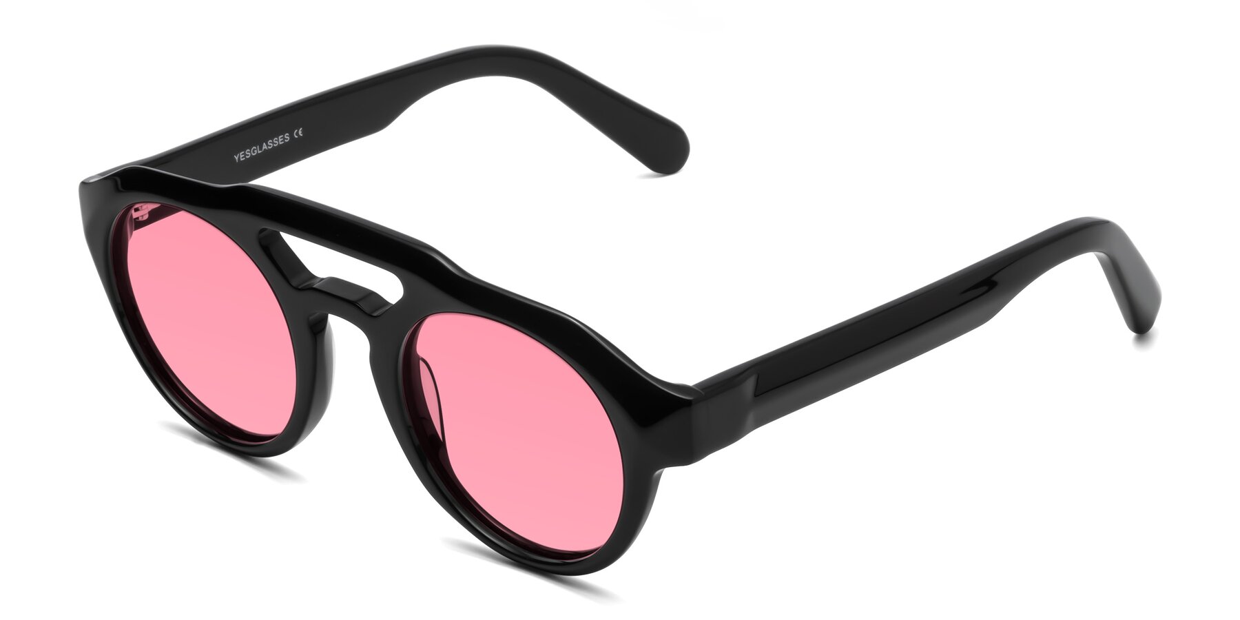 Angle of Crown in Black with Pink Tinted Lenses