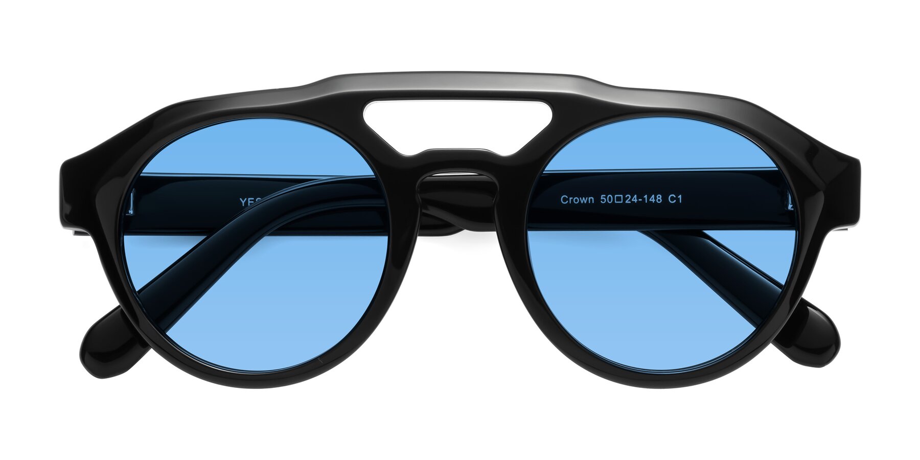 Folded Front of Crown in Black with Medium Blue Tinted Lenses