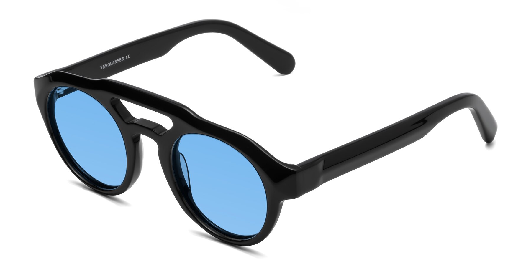 Angle of Crown in Black with Medium Blue Tinted Lenses