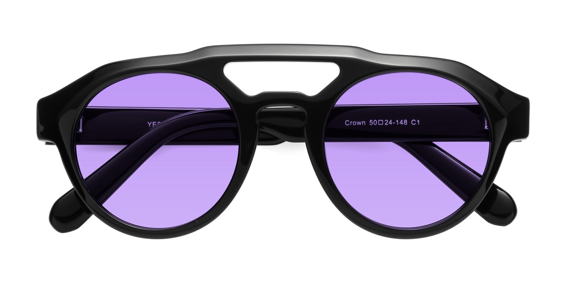 Folded Front of Crown in Black with Medium Purple Tinted Lenses