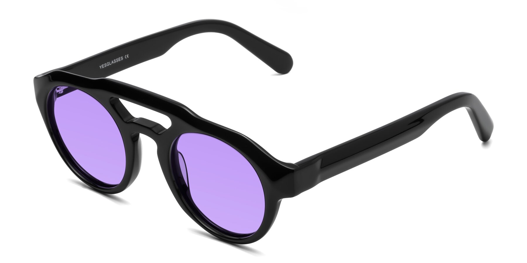Angle of Crown in Black with Medium Purple Tinted Lenses