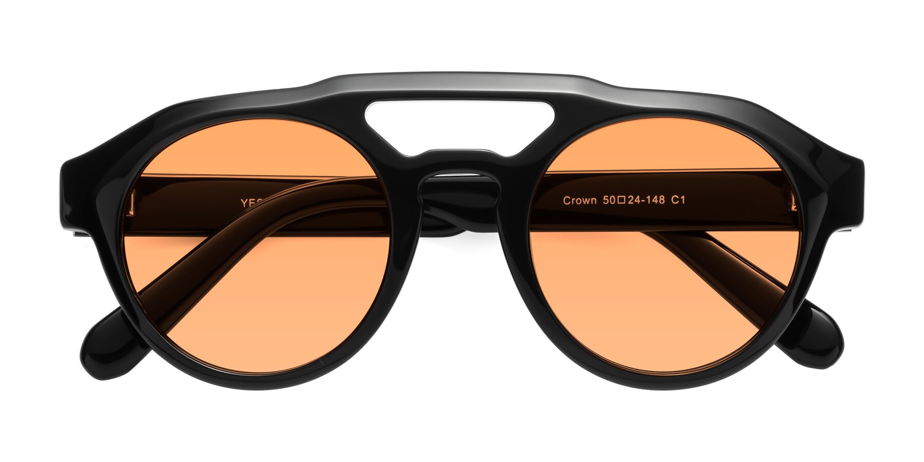 Folded Front of Crown in Black with Medium Orange Tinted Lenses