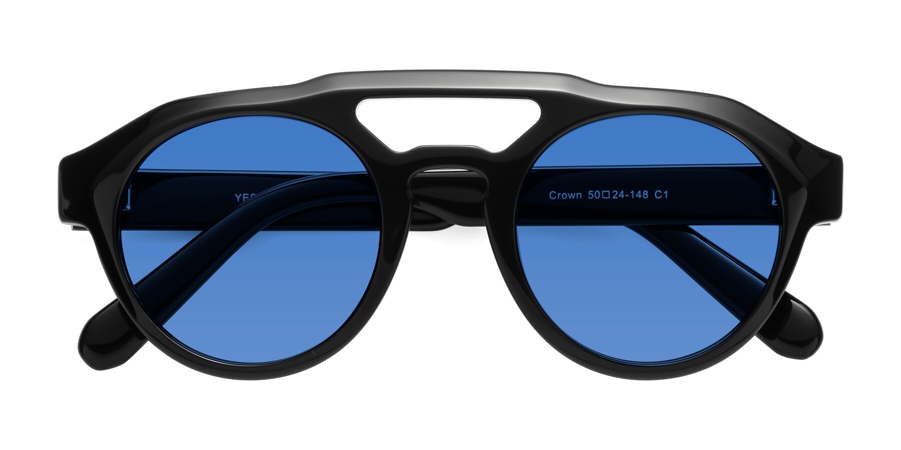 Folded Front of Crown in Black with Blue Tinted Lenses