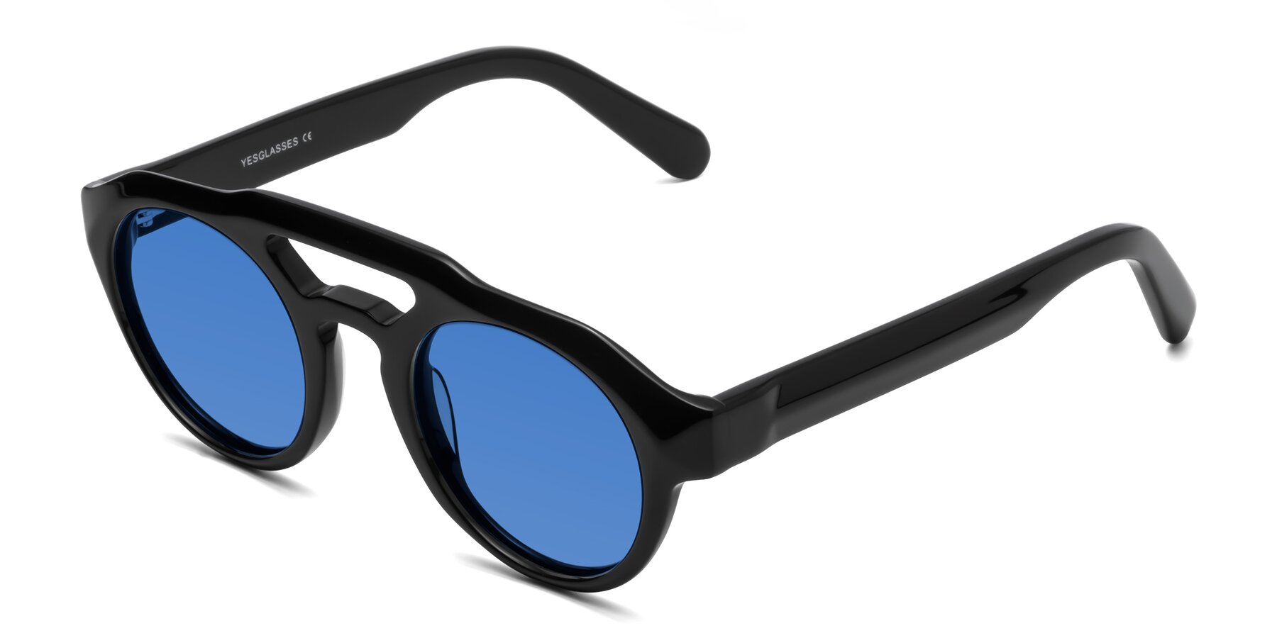 Black Retro-Vintage Double Bridge Round Tinted Sunglasses with Blue Sunwear Lenses
