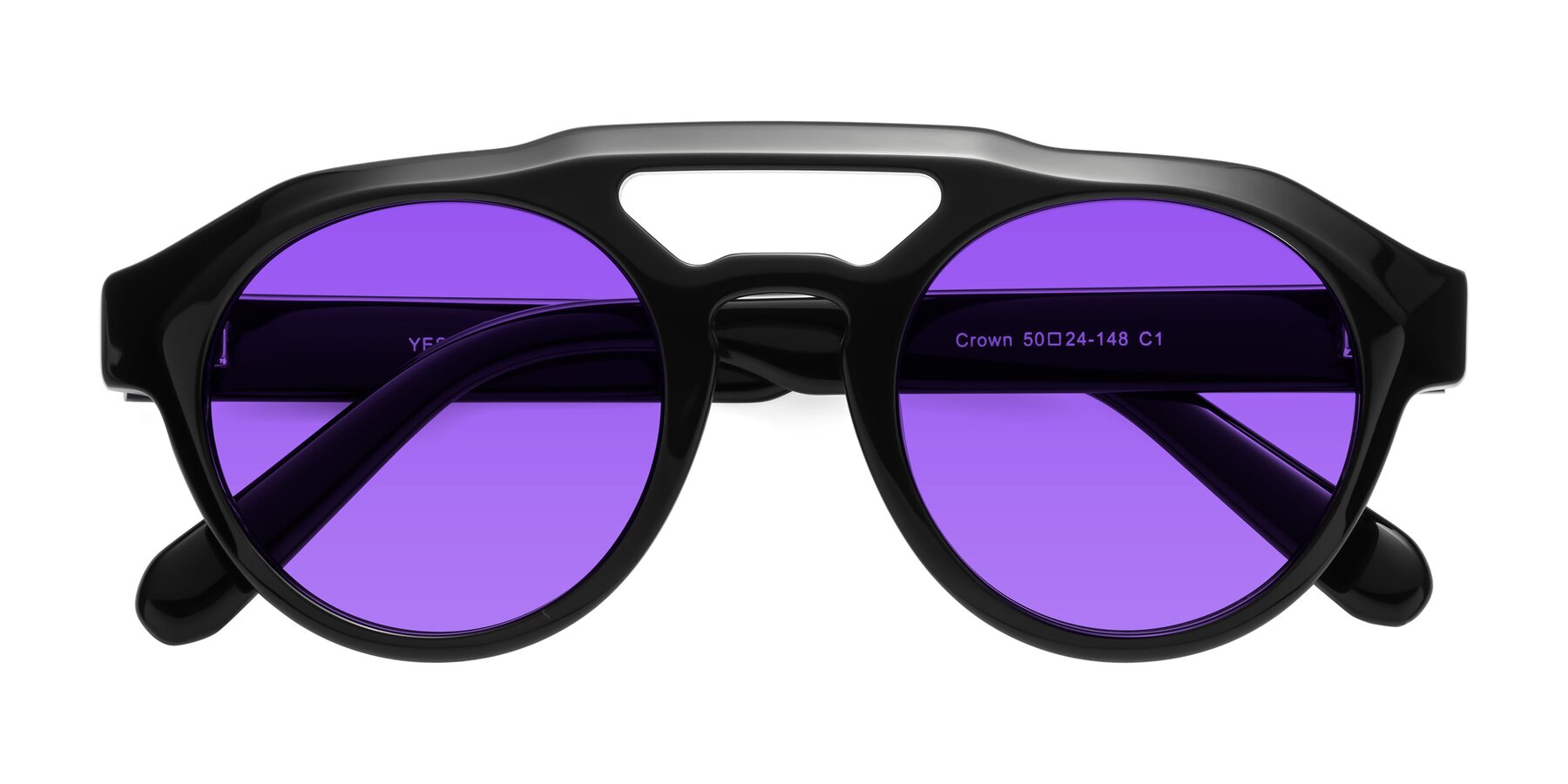 Folded Front of Crown in Black with Purple Tinted Lenses