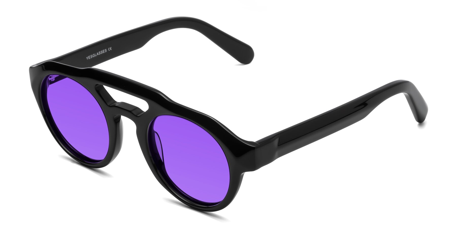 Angle of Crown in Black with Purple Tinted Lenses