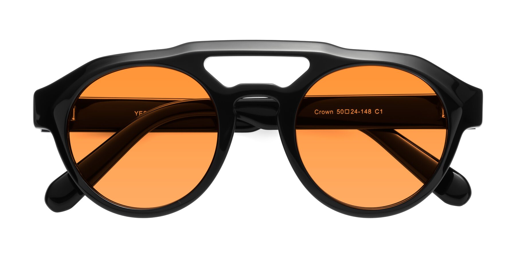 Folded Front of Crown in Black with Orange Tinted Lenses