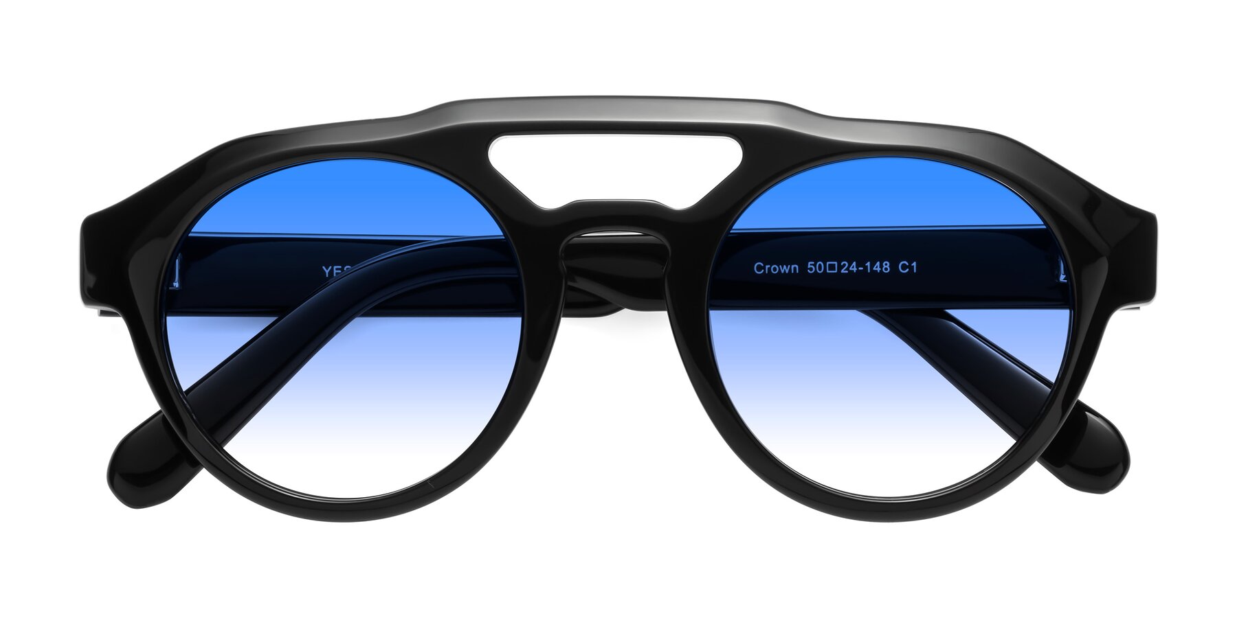 Folded Front of Crown in Black with Blue Gradient Lenses