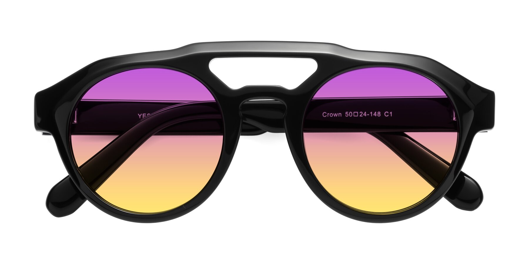 Folded Front of Crown in Black with Purple / Yellow Gradient Lenses