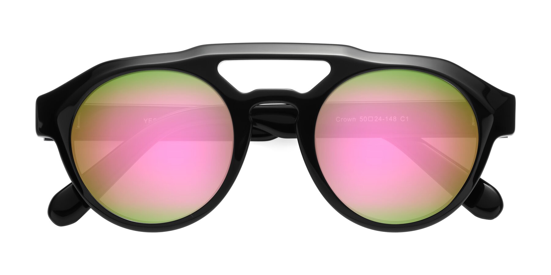 Folded Front of Crown in Black with Pink Mirrored Lenses